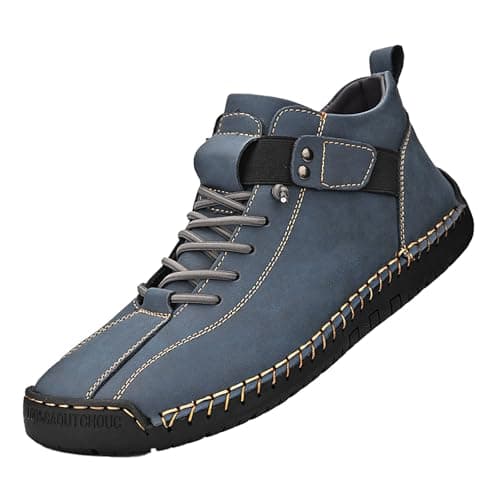 Image of Mens Leather High Top Casual Boots Lace Up Adjustable Strap Walking Shoes Non Slip Outdoor Trainers with Arch Support Wide Fit for Walking Training Sports Footwear(Blue, 5.5)