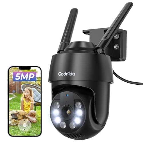 Image of Codnida 5MP Security WiFi Outdoor Camera with 2.4/5Ghz, 360° Pan/Tilt CCTV House Security Camera with Auto Tracking, PIR Human Detection, Color Night Vision, 24/7 Recording, IP66, Works with Alexa