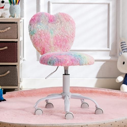 Image of Ya-Home Children Swivel Desk Chair in Faux Fur Kids Study Chair Height Adjustable for Girls Bedroom/Living Room, Pink
