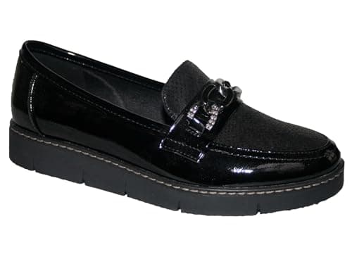 Image of Cushion Walk Ladies Casual Slip-On Smooth Faux Leather Comfort Sporty Wedge Loafer with Chain Trim Sizes 4-8 (Black Patent, UK Footwear Size System, Adult, Women, Numeric, Medium, 8)