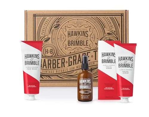 Image of Hawkins & Brimble Men's Facial Scrub, Daily Moisturiser & Face Wash Bundle/Gift Set