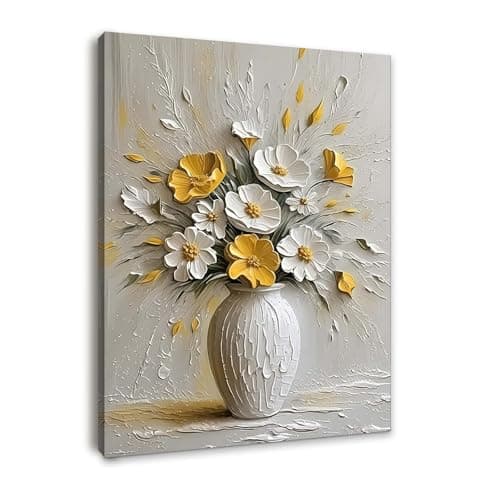 Image of Framed Canvas Wall Art for Living Room, Modern Yellow and White Floral Artwork, Elegant Vase Flower Decoration, Textured 3D Canvas Painting for Bedroom or Hallway with Hooks and Magic Tape, 12x16 Inch