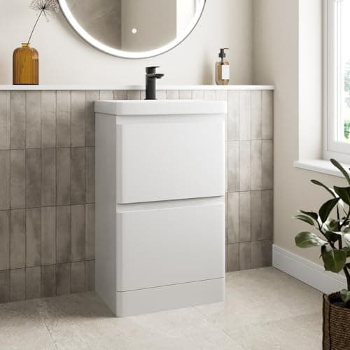 Image of Affine® 500mm Bathroom Vanity Unit With Wash Basin Ceramic Sink, Single Tap Hole, 2 Soft Close Drawers, Cloakroom Storage Furniture Freestanding Storage, Fully Assembled, Modern Curved, White Gloss