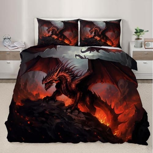 Image of XEODIAT Fire Dragon Single Size Bedding Set Dragon Duvet Cover Set 3 Piece Fantasy Animal Printed Comforter Cover Set for Teens Kids Boys Girls (Single)