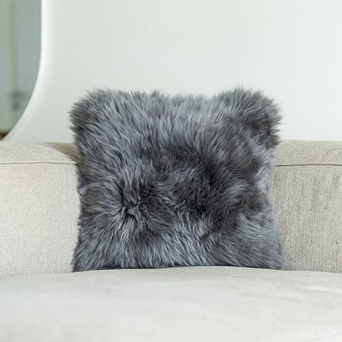 Image of Nordic Sheep Sheepskin Cushion Covers 40x40 cm | Durable New Zealand Long-Hair for a Nordic Style | Perfect Fluffy Pillows for Sofa, Chair & Bed | Color: Steel