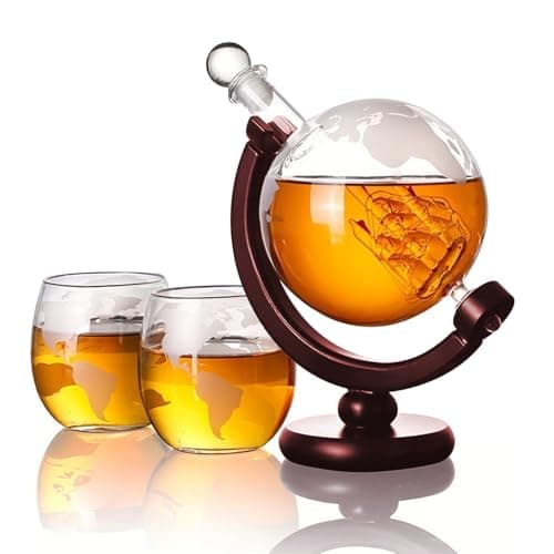 Image of Whiskey Globe Decanter Set with Glasses, Glass Decanter with Stopper, Globe Decanter for Wine, Cocktails, Liquor, Scotch, Ideal Men's Gift Set Featuring