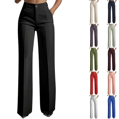 Image of Work Trousers for Women UK Tailored Office Smart Pants 2026 Fashion Ladies Elegant Wide Leg Trouser Business Clothing Palazzo Pants Women's High Waisted Suit Trousers Formal Bottoms Black M