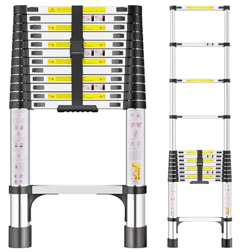 Image of Telescopic Ladder, 3.8M Stainless Steel Thickened High-Strength Loft Ladder, Portable Ladders Extendable with Non-Slip Feet Adjustable Height for Roof Attic Caravans