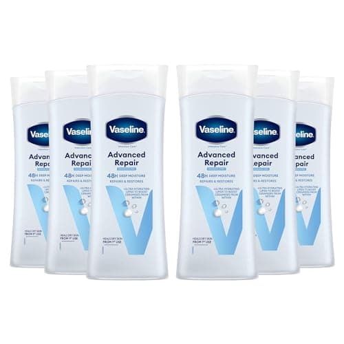 Image of Vaseline Intensive Care Advanced Repair Body Lotion Pack of 6, 400ml Each - Unscented Moisturiser for Very Dry Skin, 48 Hour Hydration, Fast Absorbing, Sensitive Skin