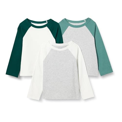 Image of Amazon Essentials Boys' ‎Long-Sleeved Cotton T-shirts, Pack of 3, Green/Ivory/Light Grey Heather, 3 Years