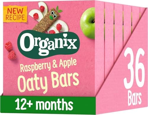 Image of Organix Raspberry and Apple Organic Soft Oaty Snack Bars Multipack, Toddler Snack, No Added Sugar, 6 x 23 g Bars Per Box (6 Boxes Total)