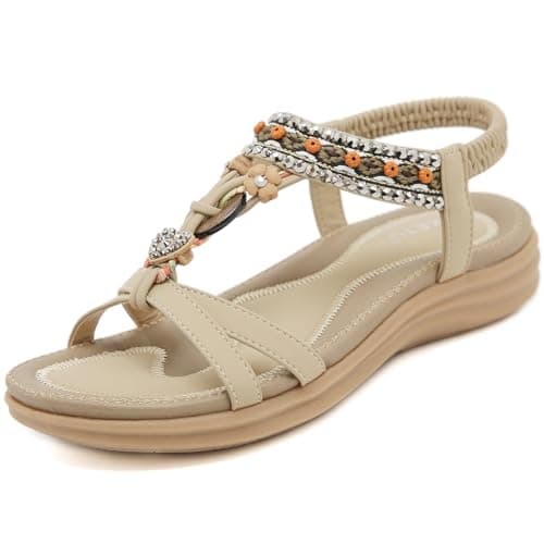 Image of ZDQ Sandals Womens Ladies Summer Casual Comfortable Flat Arch Support Bohemian Wide Fit Slip-on Sandals with Elastic Ankle Strap Beige 4