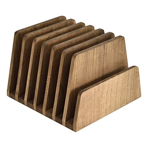 Image of KIRIGEN Desk File Sorter, Wooden Document Holder with 7 Slots, Desktop Organiser Rack for A4 Papers, Magazines, Letters, Laptop and Home Office Stationery, Brown, 26.3x25.2x18 cm(7K-DBR)