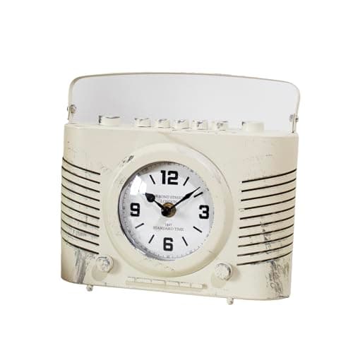 Image of Vintage Radio Mantel Clock 22x20x8cm Cream Distrssed Metal Retro Table Desk Novelty Decor