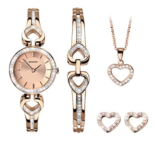 Image of Sekonda Womens 26mm Stone Set Rose Gold Watch Gift Set with Heart Bracelet Earrings and Necklace