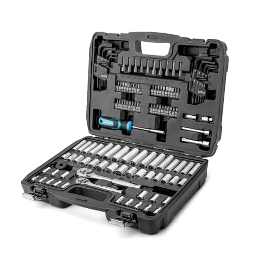 Image of DURATECH 121-Piece Mechanics Tool Set, 1/4" and 3/8" Drive Socket Set, Cr-V Metric and Imperial Sockets, 72-Tooth Quick-Release Ratchet, 40-in-1 Magnetic Screwdriver and Hex Keys with Carrying Box