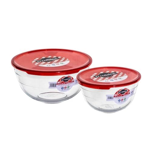 Image of Ocuisine Ôcuisine® Glass Round Mixing Bowl Set with Red Lids | Extreme Resistance | Oven Safe - Freezer Safe - Microwave Safe | Borosilicate Glass | Made in France Prep & Store (Set of 2-1L & 2L)