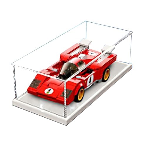 Image of LE*GO 76906 Ferr*ari 512-M Racing Car Display Case with 76906 Background - Dustproof Acrylic Display Box with Diorama Scene - Gift Idea for Car Fans (Black Base)