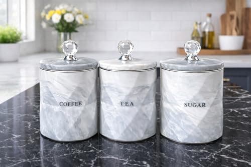 Image of BMLIMITED Tea Coffee Sugar Canister Set of 3 Marble Effect Ceramic Storage Jars Airtight Crystal Lid Kitchen Counter Canisters for Coffee Tea Sugar Modern Kitchen Decor Gift Set