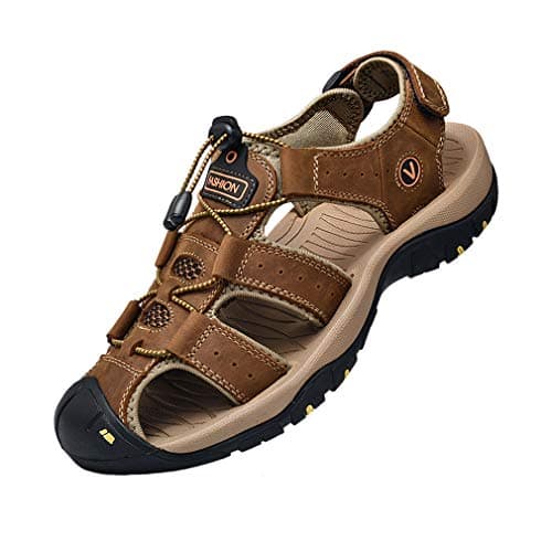 Image of ZYLDK Sports Outdoor Sandals Summer Men's Beach Shoes Closed-Toe Shoes Leather Casual Trekking Walking Hiking Touch Close sandals for men Brown UK8.5