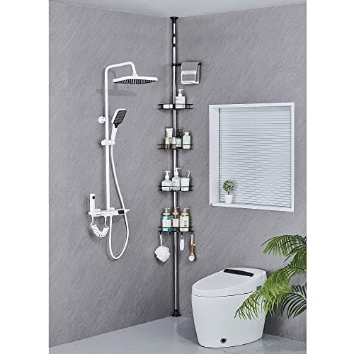 Image of DUFU Adjustable Bathroom Corner Shelves, Telescopic Shower Caddy with 4 Baskets, 4 Hooks, 1 Towel Rail, No Drilling Storage Shower Shelf, 95-305 cm Floor to Ceiling, Black