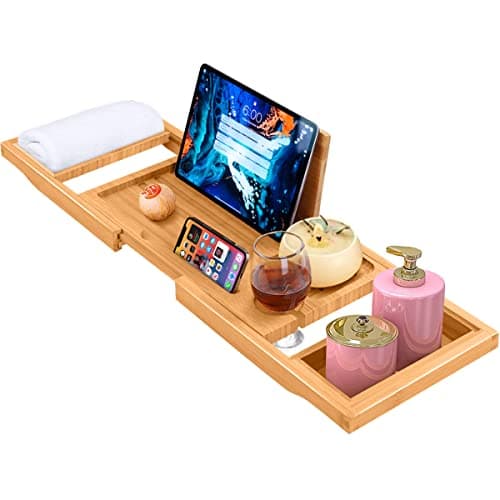 Image of ADOV Bath Tray, Extendable Luxury Bamboo Wooden Bathtub Caddy with Integrated Holder for Book, Phone, Tablet, Candle, Soap, Towel, Wine Glass, Adjustable Over Tub Rack Bridge Fits Most Bath Tub Sizes