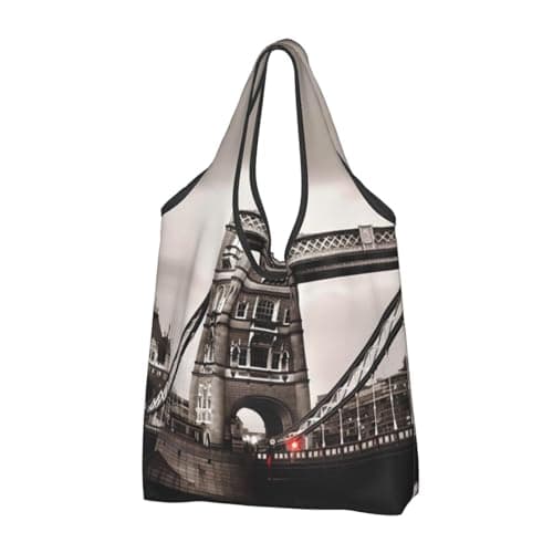 Image of AABSTBFM London Bridge Printed Foldable Shopping Bag 2 PCS, Reusable Waterproof Grocery Bag Large Tote Bag, Shopper Handbag, And Beach Bag
