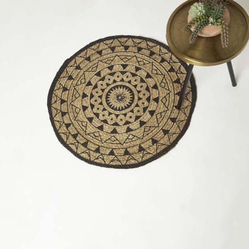 Image of HOMESCAPES Natural & Black Handwoven 100% Jute Rug 70 cm Round Geometric Rug for Living Room and Bedroom
