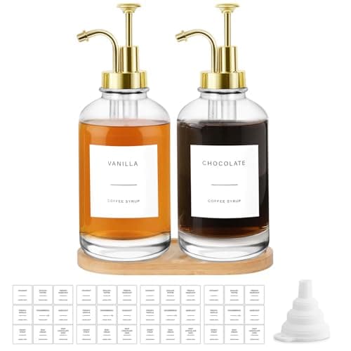 Image of Sunal 2pack Coffee Syrup Dispenser,16.9 oz/500ml Gold Syrup Dispenser with Tray,Glass Pump Bottles with Funnel&36 Labels for Kitchen&Coffee Bar