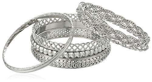Image of GUESS Silvertone 7-Piece Textured Bangle Bracelet Set, One Size, Metal