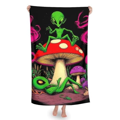 Image of SMAZDFXX Men's Soft Double Sided Velvet Beach Towel, Durable Highly Absorbent Extra Large Bath Towels, Household Wrap Bath Towel Magic Mushroom Alien Art