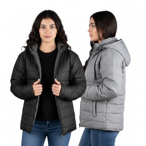 Image of fox & fury Unisex Reversible Puffer Jacket with Hood & Reversible Puffer Vest Men & Women Bubble Hooded Down Jacket Insulated, Jacket, XL