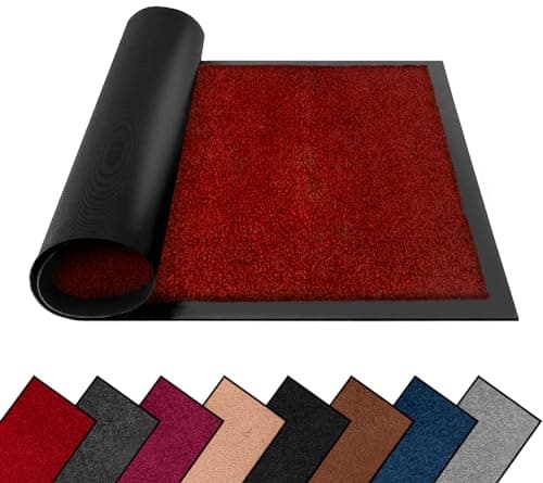 Image of FB FunkyBuys Washable Dirt Trapper Door Mats Indoor & Outdoor, Heavy Duty Non Slip Doormats, Rubber Backed Floor Mat, Super Absorbent Front Door Mat, Entrance Rug (Red-Plain, 50cm x 80cm)