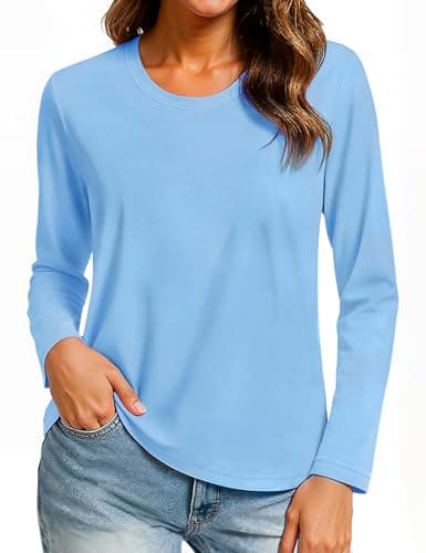 Image of TACVASEN Ladies Tee Shirts Casual Long Sleeve Cotton Tshirts Autumn Clothing Women Work Tops for Women UK, Waterfall Blue, M
