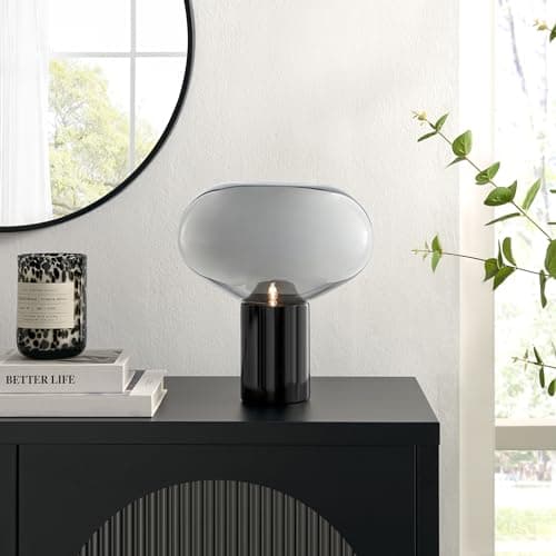 Image of Furniturebox UK Table Lamp - Laura - Modern Desk Table Light - Smoked Glass Globe Shade - Solid Black Marble Base - Minimalist Mid Century Industrial Lighting - Living Room Office or Bedside Lighting