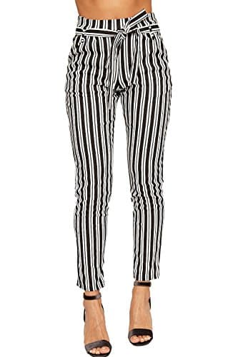 Image of WearAll Women's Monochrome Striped Belted Pocket Crepe Ladies Skinny Leg Trousers - Black White - 12