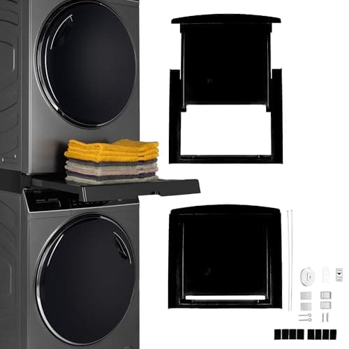Image of Haier Premium Universal Stacking Kit for Washing Machines and Tumble Dryers - Space-Saving - with Black Anti-Tipping Sliding Shelf - Perfect for Haier Black Washing Machines and Tumble Dryers
