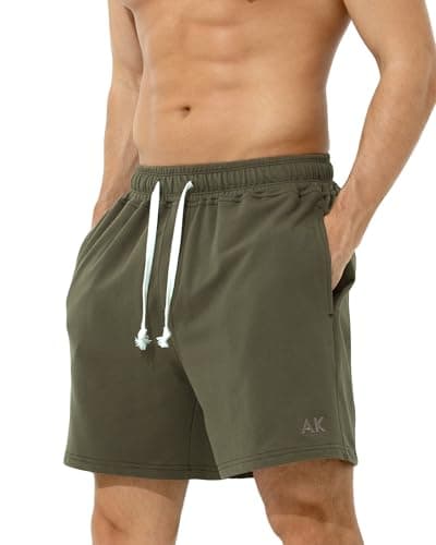 Image of Casey Kevin Men's Sweat Cotton Shorts Summer 5 Inch Short with Zip Pockets Elasticated Waist Drawstring Casual Running Shorts,Olive Green,XL