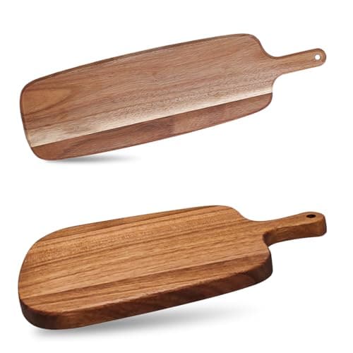 Image of 2 PCS Wooden Chopping Board with Handle, 41x12cm Acacia Wood Paddle Cutting Boards 33x20cm Serving Tray Bread Board Oil-Finished for Meat Fruits Dessert