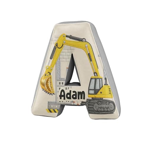 Image of GIFTIMIZED Personalised Excavator Digger Alphabet Cushion Custom Name 3D Letter Pillow Construction Truck Alphabet Cushion Kids Excavator Name Pillow Comfy Nursery Bedroom Decor Gift