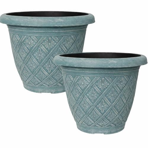 Image of Fyne-Finds Set of 2 Round 33cm 13inch Garden Plant Pot Woven Flower Outdoor Decor Planter Frost Proof, Weatherproof, Drainage Hole (Teal)