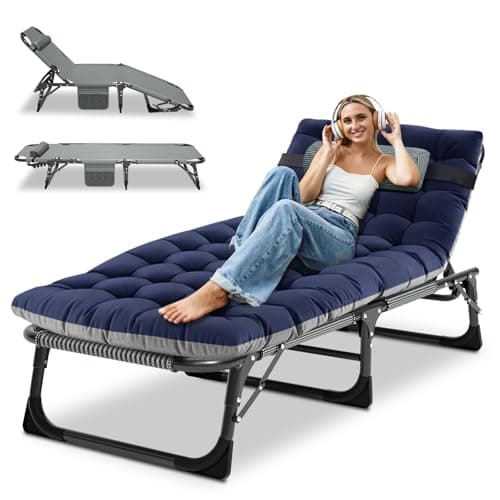 Image of Ryuhic Folding Sun Lounger Recliners for Garden, Heavy Duty Adjustable Garden Bed with Mattress and Headrest, Oversized Portable Outdoor Lounge Chair for Patio Pool and Beach, Blue
