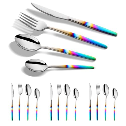 Image of Buyer Star 16 Piece Rainbow Cutlery Set Stainless Steel Iridescent Handle Spoons Knife and Fork Sets for 4 Persons, Elegant Flatware Set Tableware for Daily Life and Dishwasher Safe