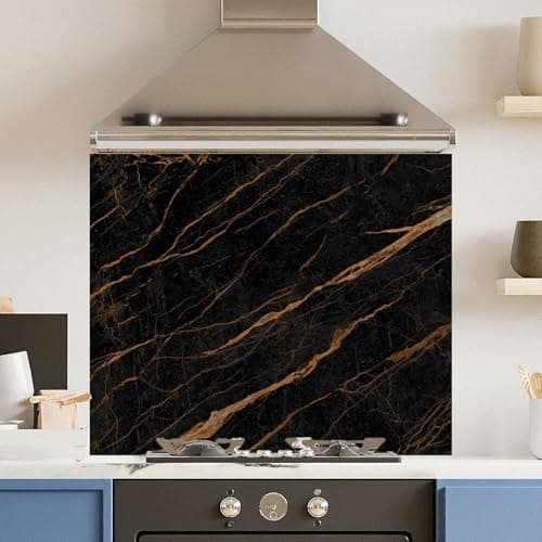 Image of Premium 75 x 70cm Black Gold Marble 6mm Glass Toughened Kitchen Splashback