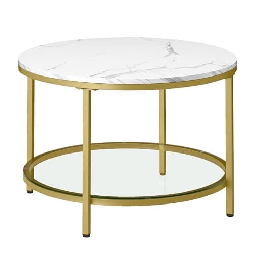 Image of VASAGLE Coffee Table, Living Room Table, Round Imitation Marble, Tempered Glass Shelf, Easy Assembly, Modern Style, Marble White and Light Gold LCT072W59
