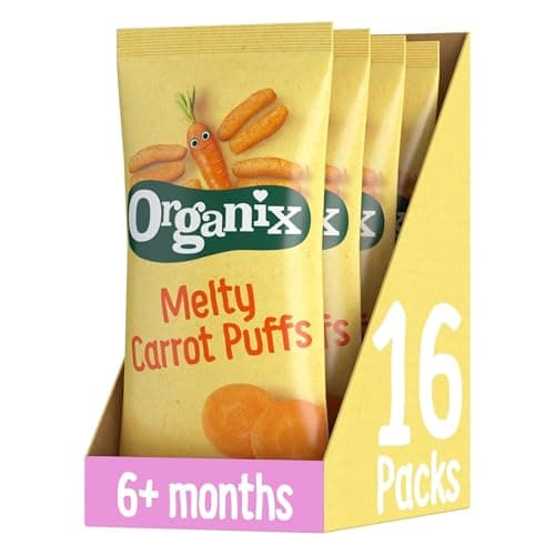 Image of Organix Melty Carrot Puffs, Organic Baby Snack, Finger Food, Multipack, 4 x 18 g Bags Per Pack (4 Packs Total)