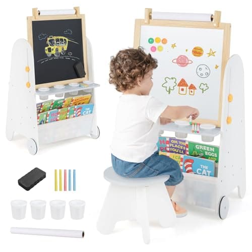Image of COSTWAY Kids Art Easel and Stool Set, 4 in 1 Toddler Activity Table with Magnetic Whiteboard, Chalkboard, Bookshelves, Paper Roll, Paint Cups, for Drawing, Reading, Learning (White + Grey)