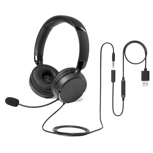 Image of Amazon Basics Over-Ear Computer Headphone with Cable, Adjustable Microphone, 3.5mm Connection, Wired Control with USB-A, Foldable, Headset for Office, Smartphone, PC, Laptop, Black