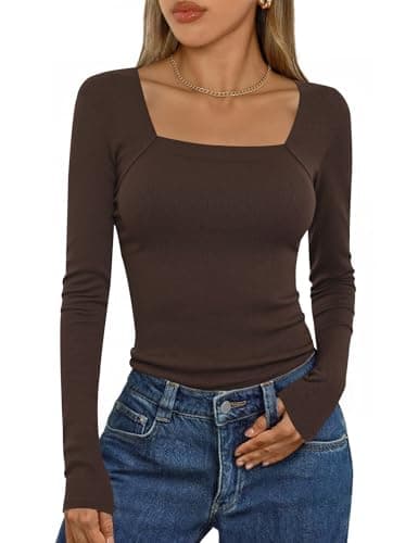 Image of Aottori Women's Long Sleeve Tops Ladies Square Neck Jumpers Top Ribbed Knit Slim Fit Tee Casual Soft Plain Basic T-Shirt Blouse Brown L