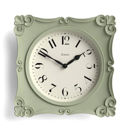 Image of Jones Clocks® Rialto wall clock | Ornate vintage style square clock | 25cm | Sage green | Ideal for the living room or bedroom